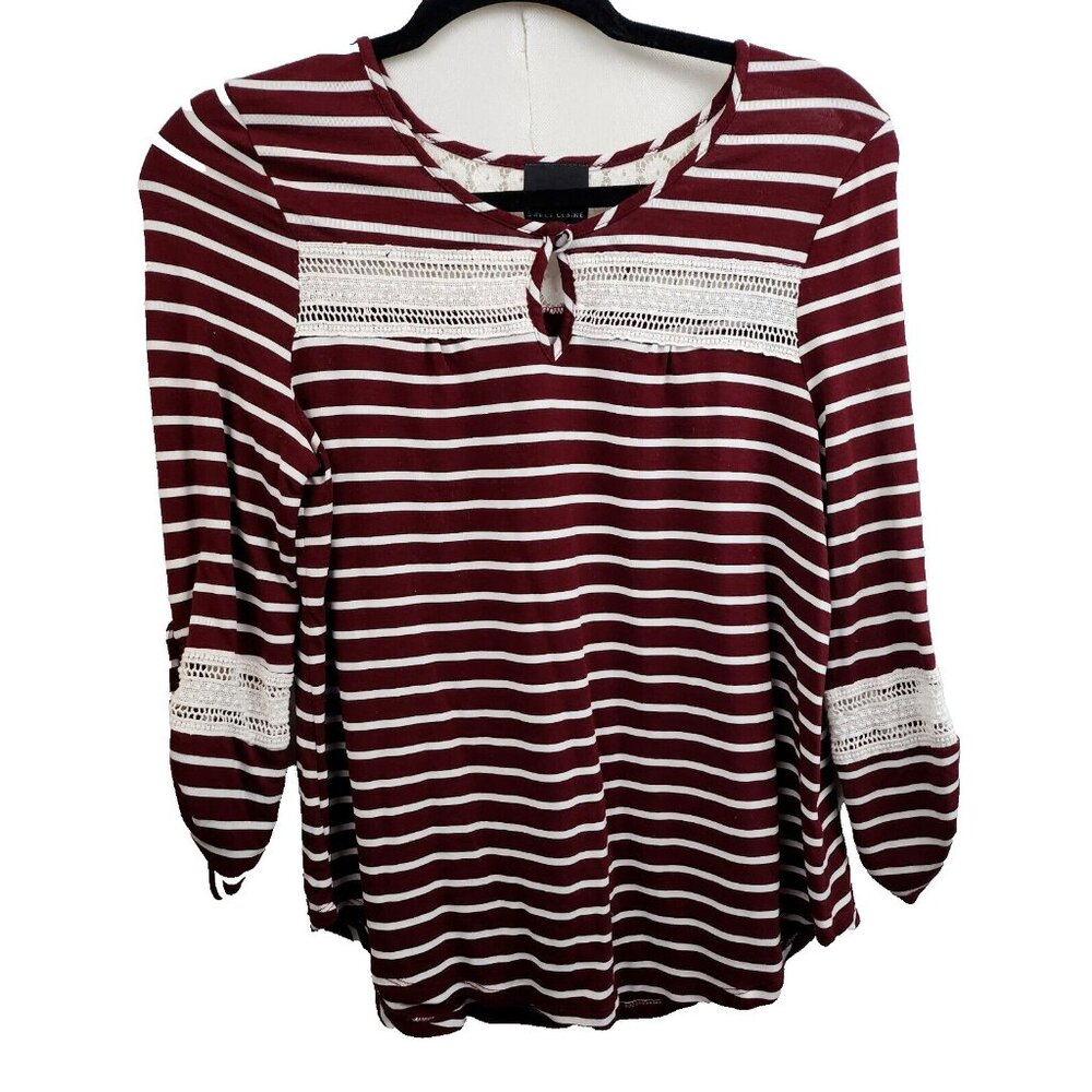 Sweet Claire BOHO Top Womens Medium Red Striped Lace Detail Tab Sleeve